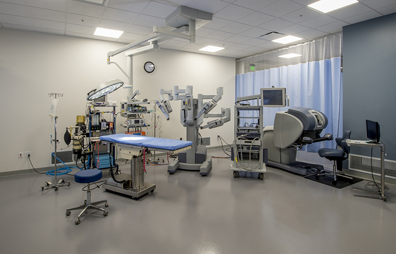 Surgical suite set up for robotic surgery.